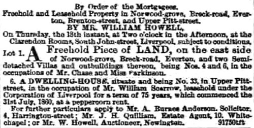 Sale of house 33 Upper Pitt St, Liverpool in occupation of William Scarrow, Aug 1864